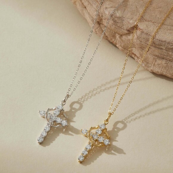 Museori Jewelry - Sterling Silver Cross Spinner Necklace Rotatable Crown Museori